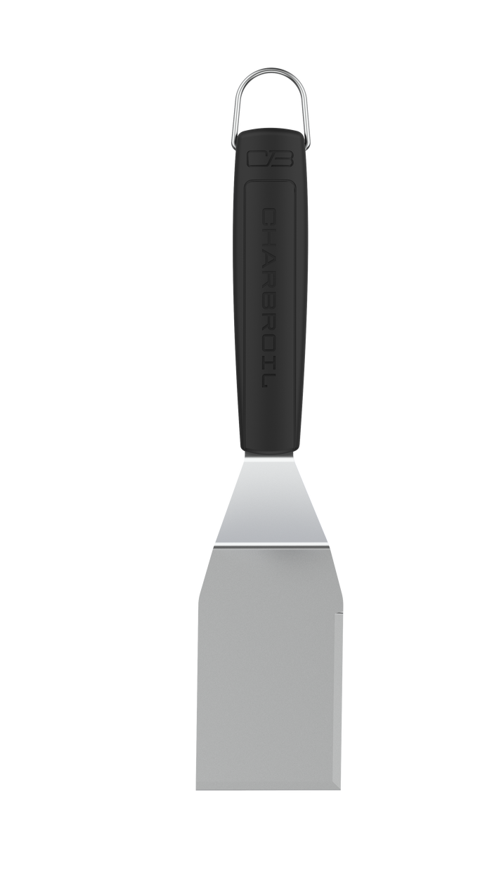 Black Char-Broil spatula with metal handle and loop.