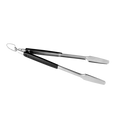 Silver Char-Broil tongs with black grip and hanging loop.