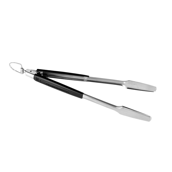 Silver Char-Broil tongs with black grip and hanging loop.