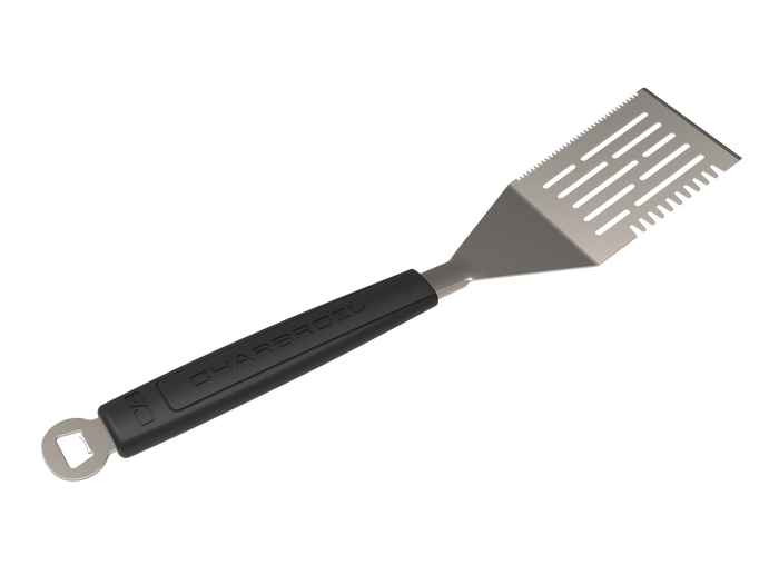 Black Char-Broil branded spatula with slotted head and ergonomic handle.