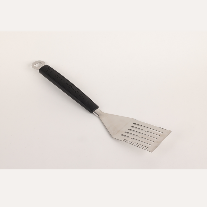Black-handled stainless steel grill spatula with slotted head.