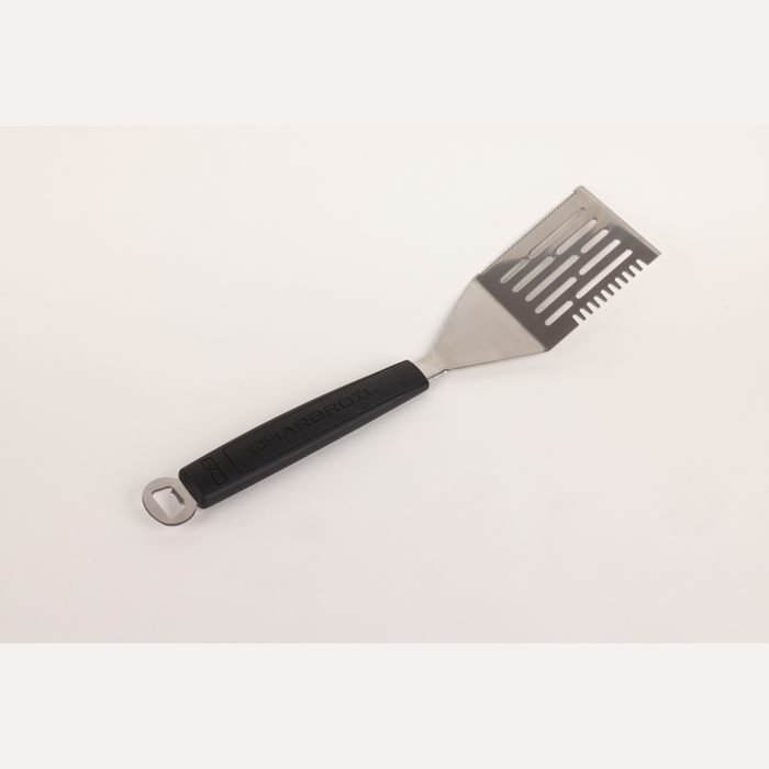 Black Char-Broil spatula with bottle opener and slotted end.