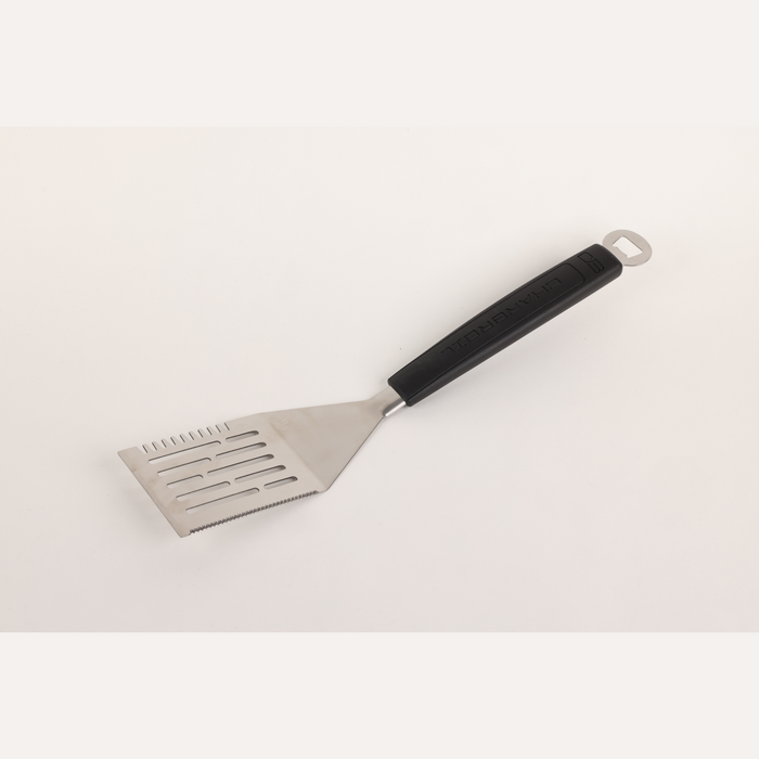 Black-handled Char-Broil grill spatula with metal head and slotted design.