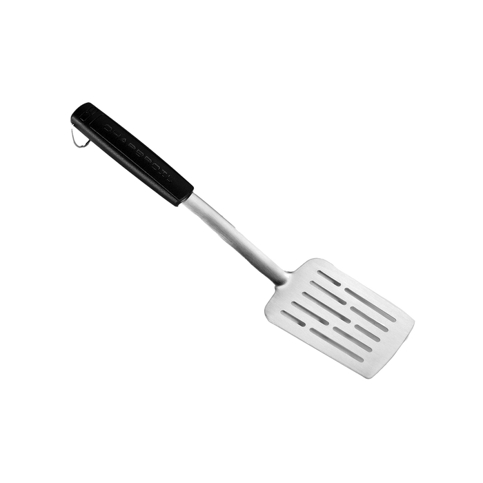 Black-handled stainless steel spatula with slotted head, "CHARDON" branding.