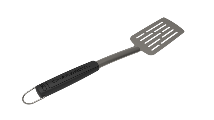 Black and stainless steel spatula with "BRCHAR" branding and hanging loop.