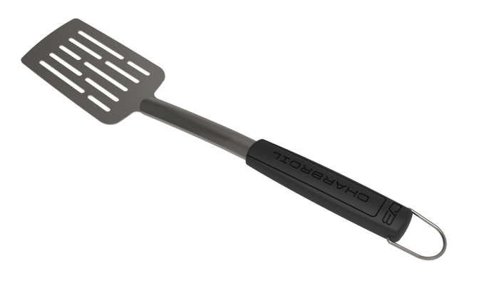 Black slotted spatula with ergonomic handle and hanging loop.