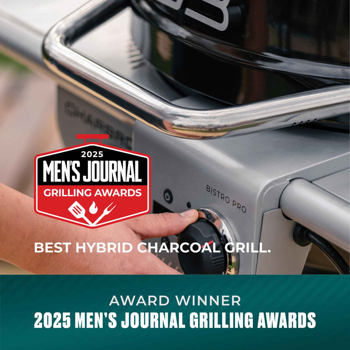 Silver Char-Broil Bistro Pro hybrid charcoal grill with control knob.