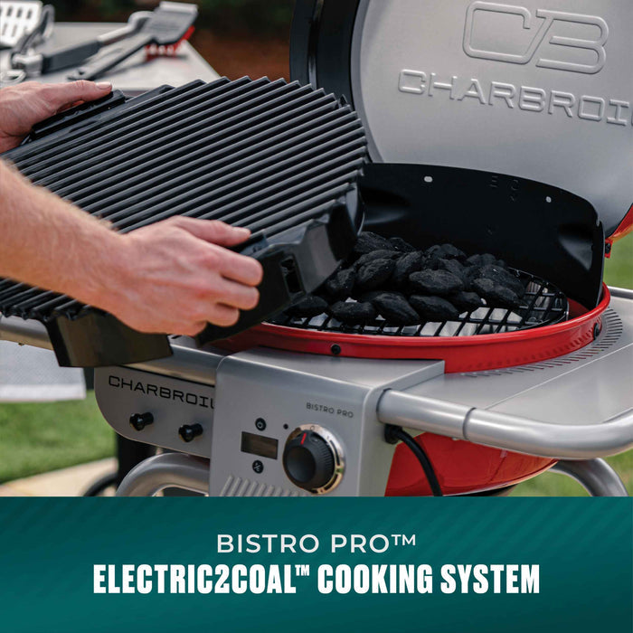 Char-Broil Bistro Pro grill with Electric2Coal system; shows grill grate being placed over charcoal.