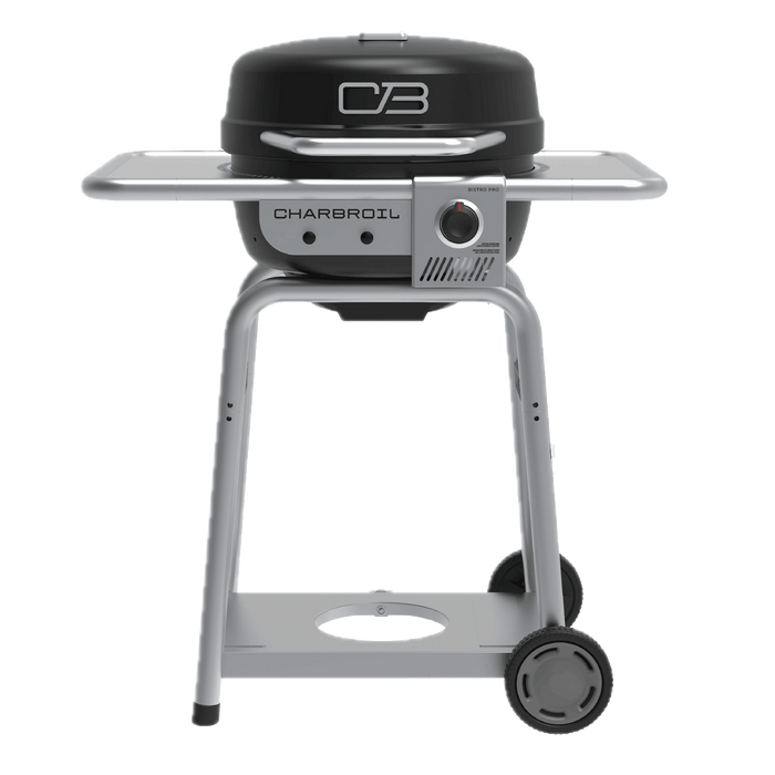 Portable gas grill with black lid, silver body, side shelves, control knob, and wheels for easy mobility.