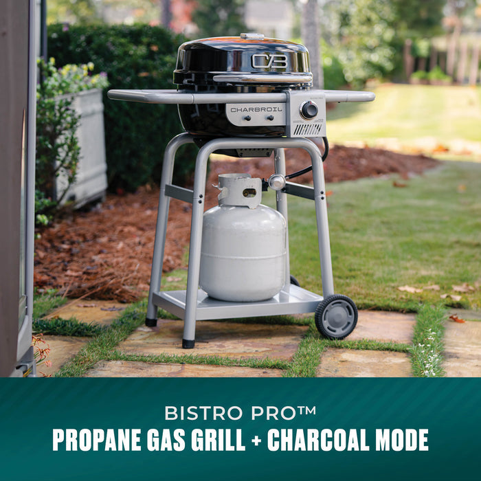 Black Char-Broil Bistro Pro gas grill with propane tank and wheels.