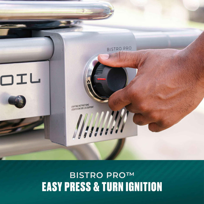 Silver Bistro Pro electric grill with oil mode and easy-to-use control knob.