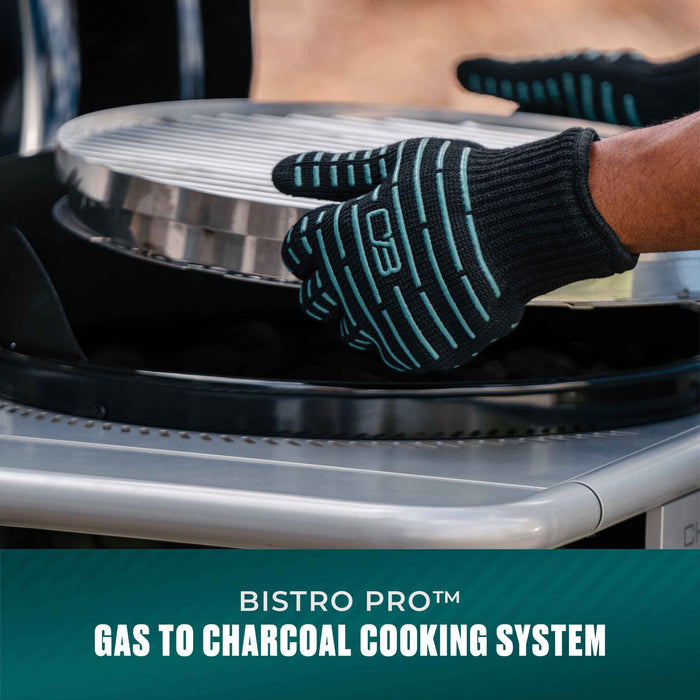 Black Bistro Pro gas grill with charcoal system, designed for grilling and smoking.