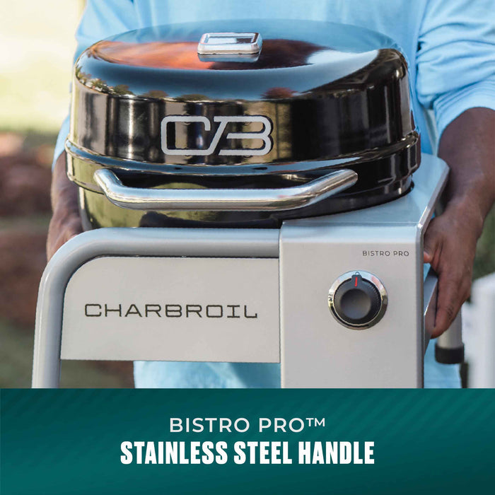White Char-Broil Bistro Pro electric grill with charcoal mode.