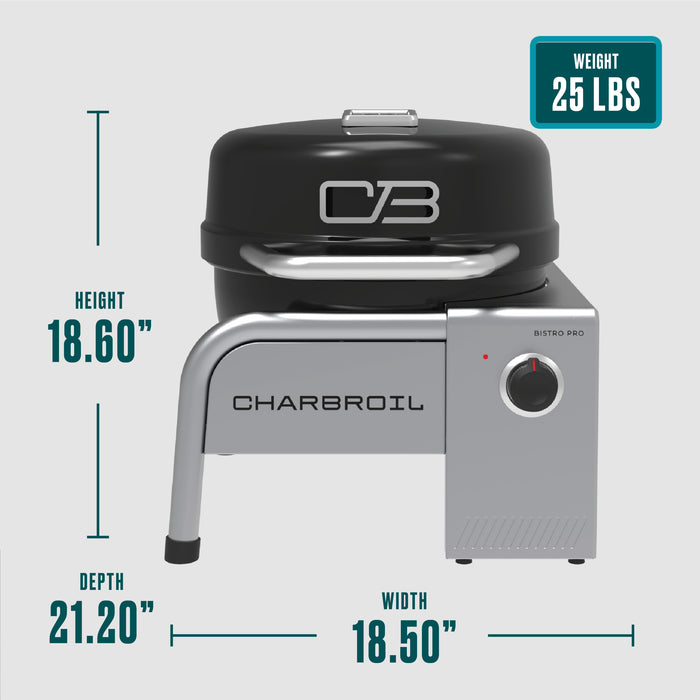 Black Char-Broil Bistro Pro electric grill, 25 lbs, 18.60" tall, 21.40" deep, 16.68" wide.