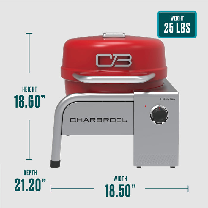 Red Char-Broil Bistro Pro electric grill, 25 lbs, 18.60" height, 21.40" depth, 16.68" width.