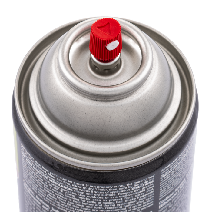 Silver spray paint can with red nozzle and white label text.