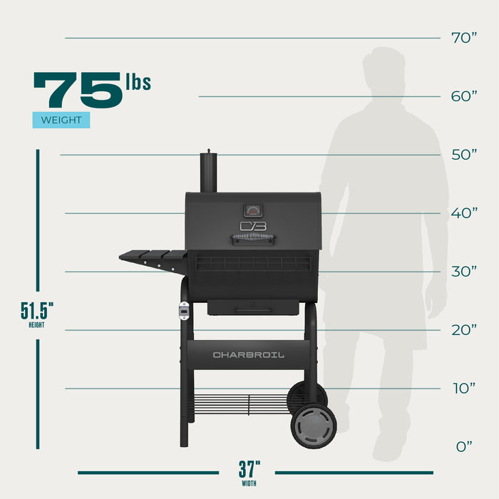 Black Char-Broil grill, 75 lbs, 51.5" tall, 37" wide, with wheels and control panel.