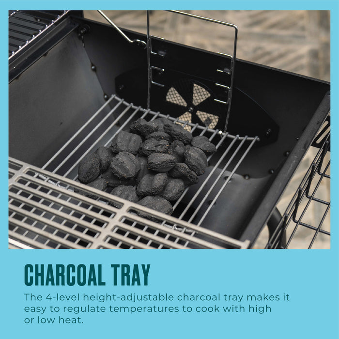 Black charcoal tray with adjustable height for temperature control.