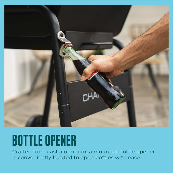 Black bottle opener attached to a chair, designed for easy use.