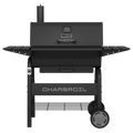 Black Char-Broil electric grill with charcoal mode and temperature gauge.