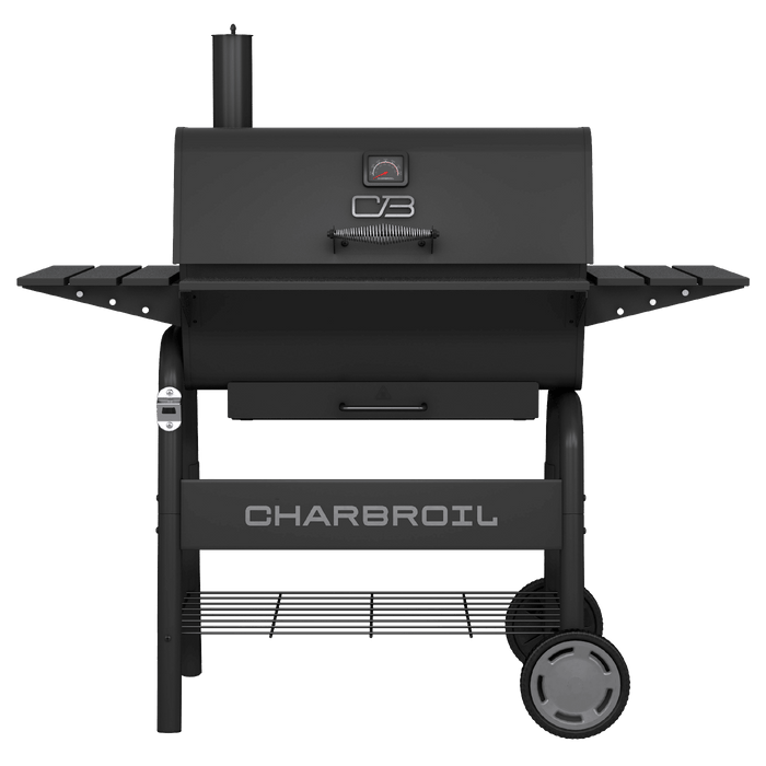 Black Char-Broil electric grill with charcoal mode and temperature gauge.
