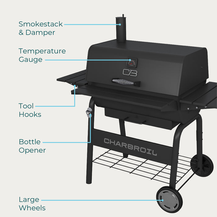 Black Char-Broil grill with smokestack, temperature gauge, tool hooks, bottle opener, and large wheels.