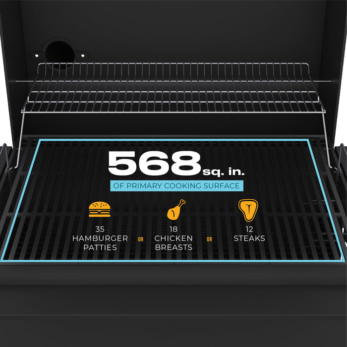 Black grill with 568 sq. in. primary cooking surface, capacity for 35 hamburger patties, 18 chicken breasts, or 12 steaks.
