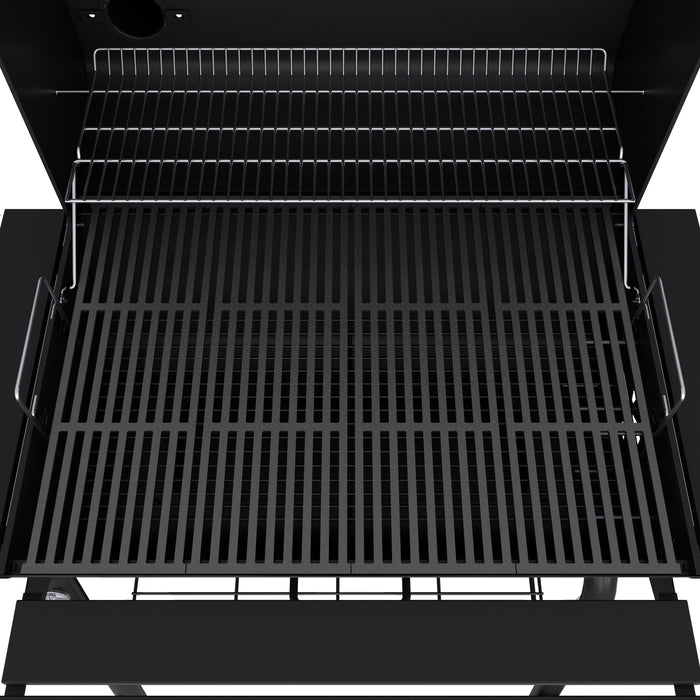 Black grill with two cooking grates and side handles.