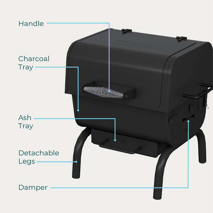 Black Char-Broil charcoal grill with handle, charcoal tray, ash tray, detachable legs, and damper.