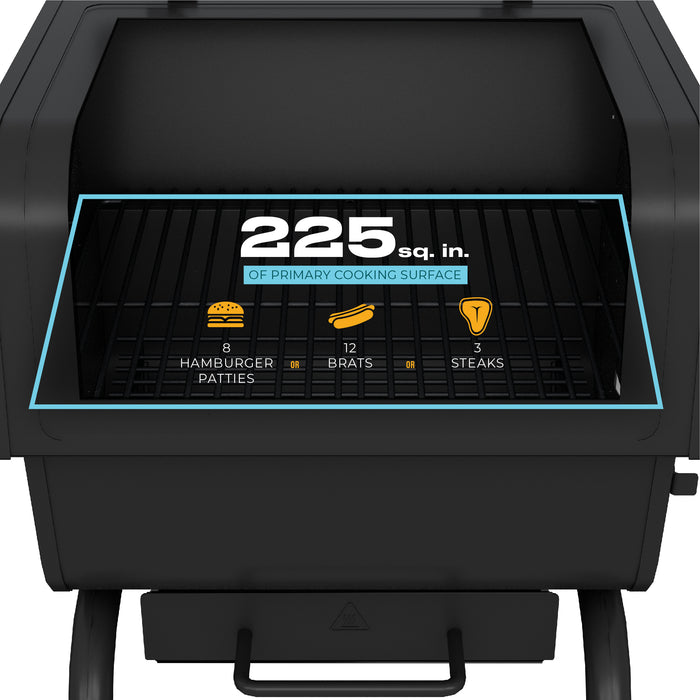 Black grill with 225 sq. in. primary cooking surface, fits 8 hamburger patties, 12 brats, or 3 steaks.