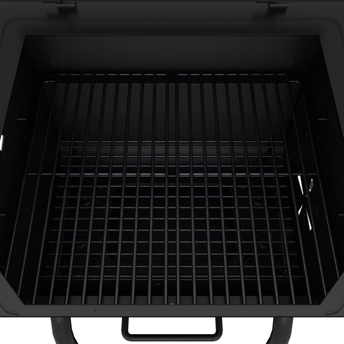 Black grill with square cooking grate and side shelves.