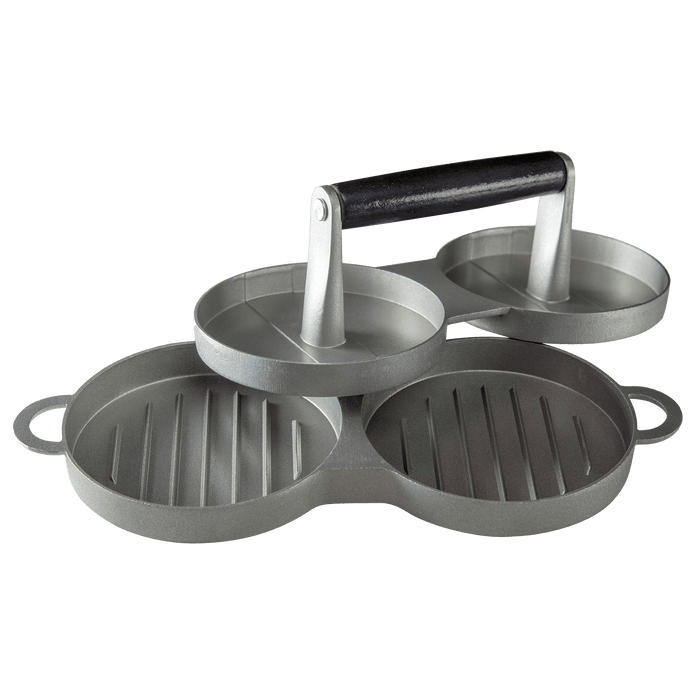 Set of three round grill pans with handles and a black carrying handle.