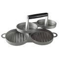 Set of three round grill pans with handles and a black carrying handle.