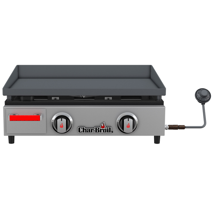 Gray Char-Broil gas griddle with two control knobs and a pressure gauge.