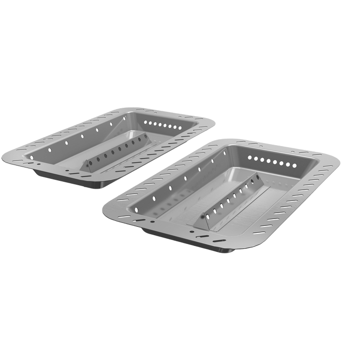 Silver metal grill trays with perforated design for outdoor cooking.