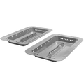 Silver metal grill trays with perforated design for outdoor cooking.