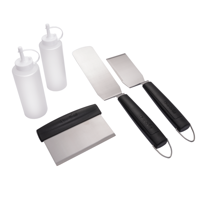 White squeeze bottles and black-handled spatulas with "Char-Broil" branding.
