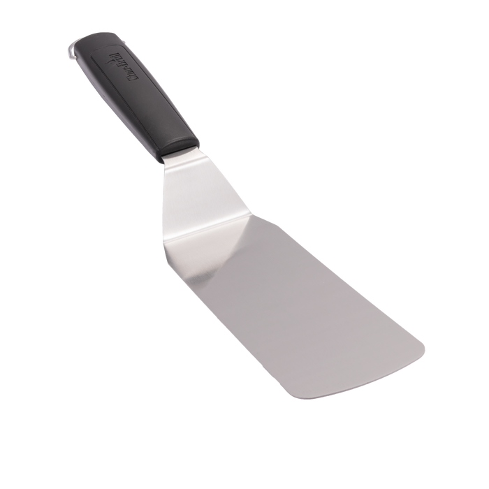 Black-handled stainless steel spatula with angled blade.
