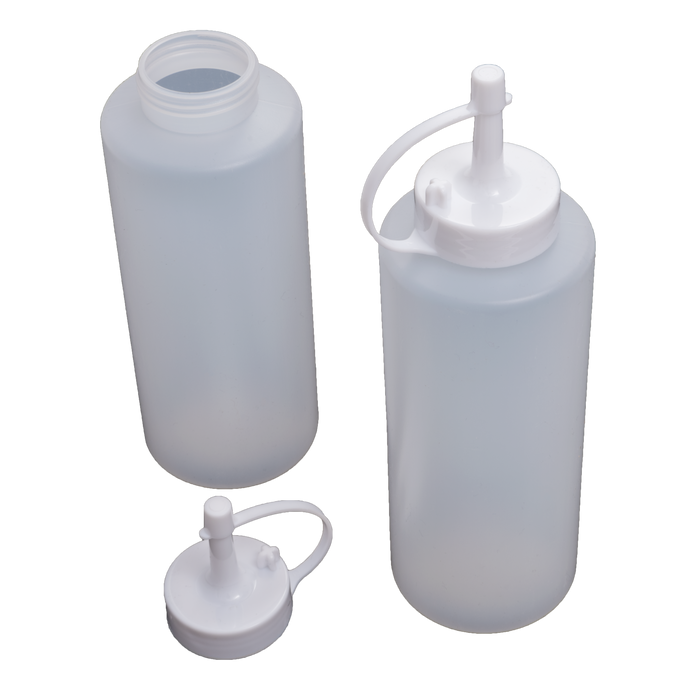 White plastic squeeze bottle with pump dispenser and lid.