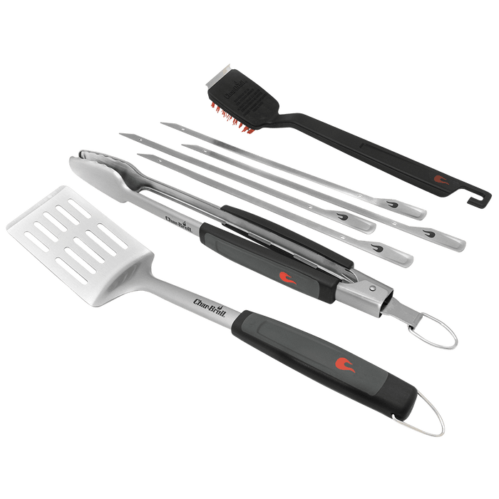 Char-Broil BBQ tool set: spatula, brush, tongs, fork, and knife.