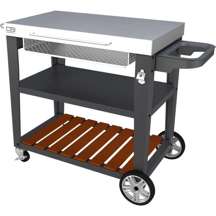 Gray utility cart with three shelves, wheels, and a handle.