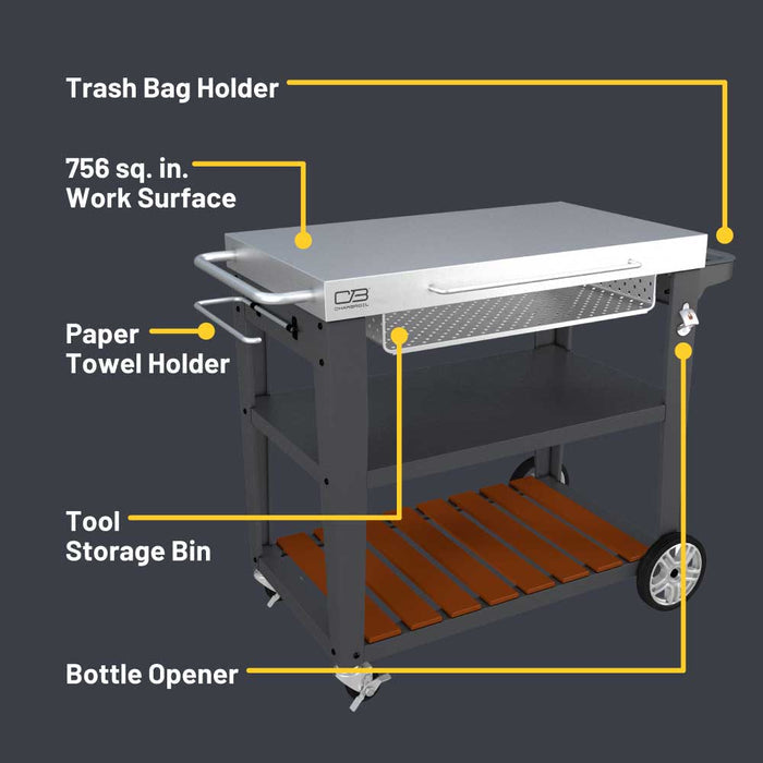 Gray utility cart with work surface, paper towel holder, tool storage, trash bag holder, and bottle opener.