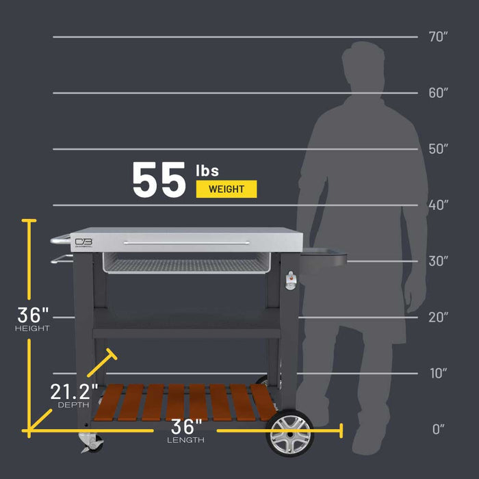 Gray portable grill cart with 55 lbs weight, 36" height, 36" length, 21.2" depth, and wheels.