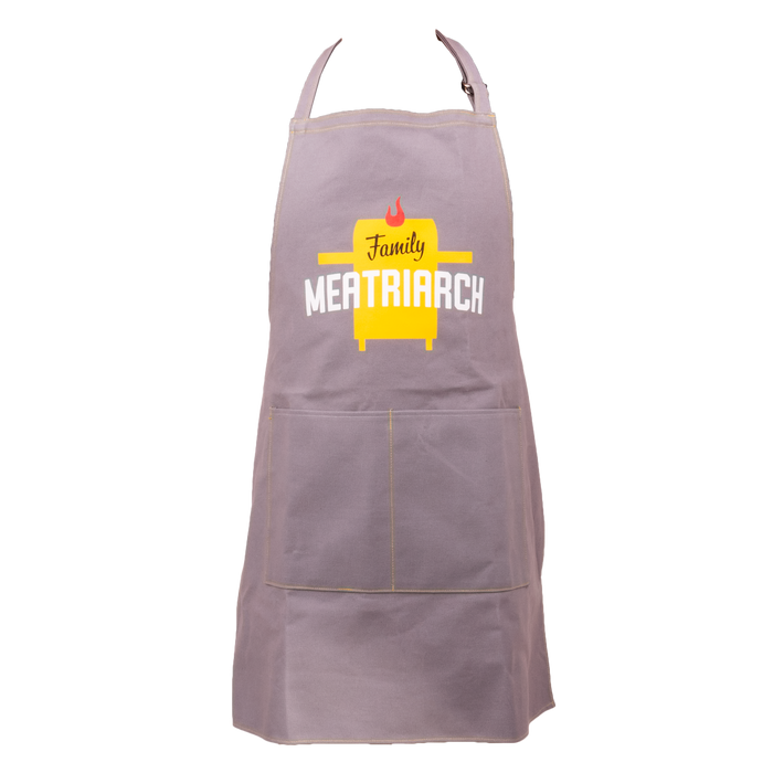 Gray apron with "Family MEATRIARCH" design and yellow grill graphic.