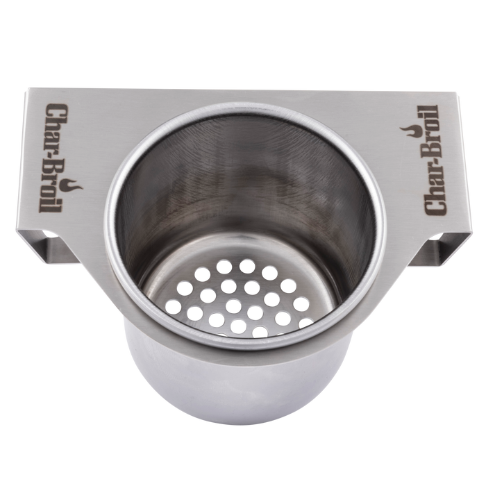 Silver Char-Broil drip pan with circular design and perforated bottom.