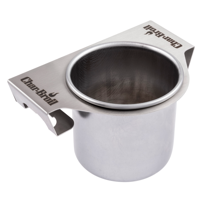 Silver Char-Broil cup holder with metal cup.
