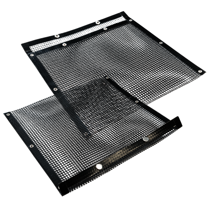 Black mesh cooling pad with multiple screws and ventilation holes.
