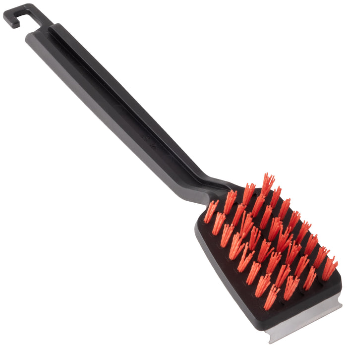 Black plastic brush with red bristles and hook handle.
