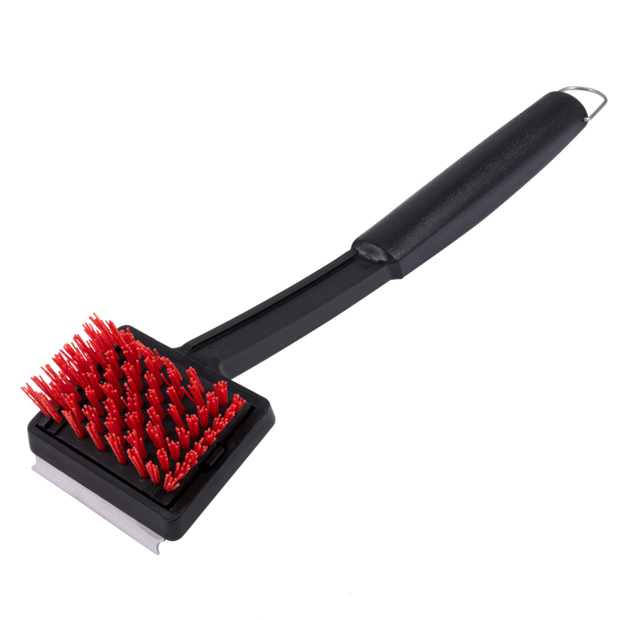 Black grill brush with red bristles and long handle.