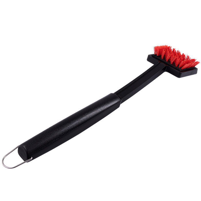 Black-handled grill brush with red bristles and metal hook.